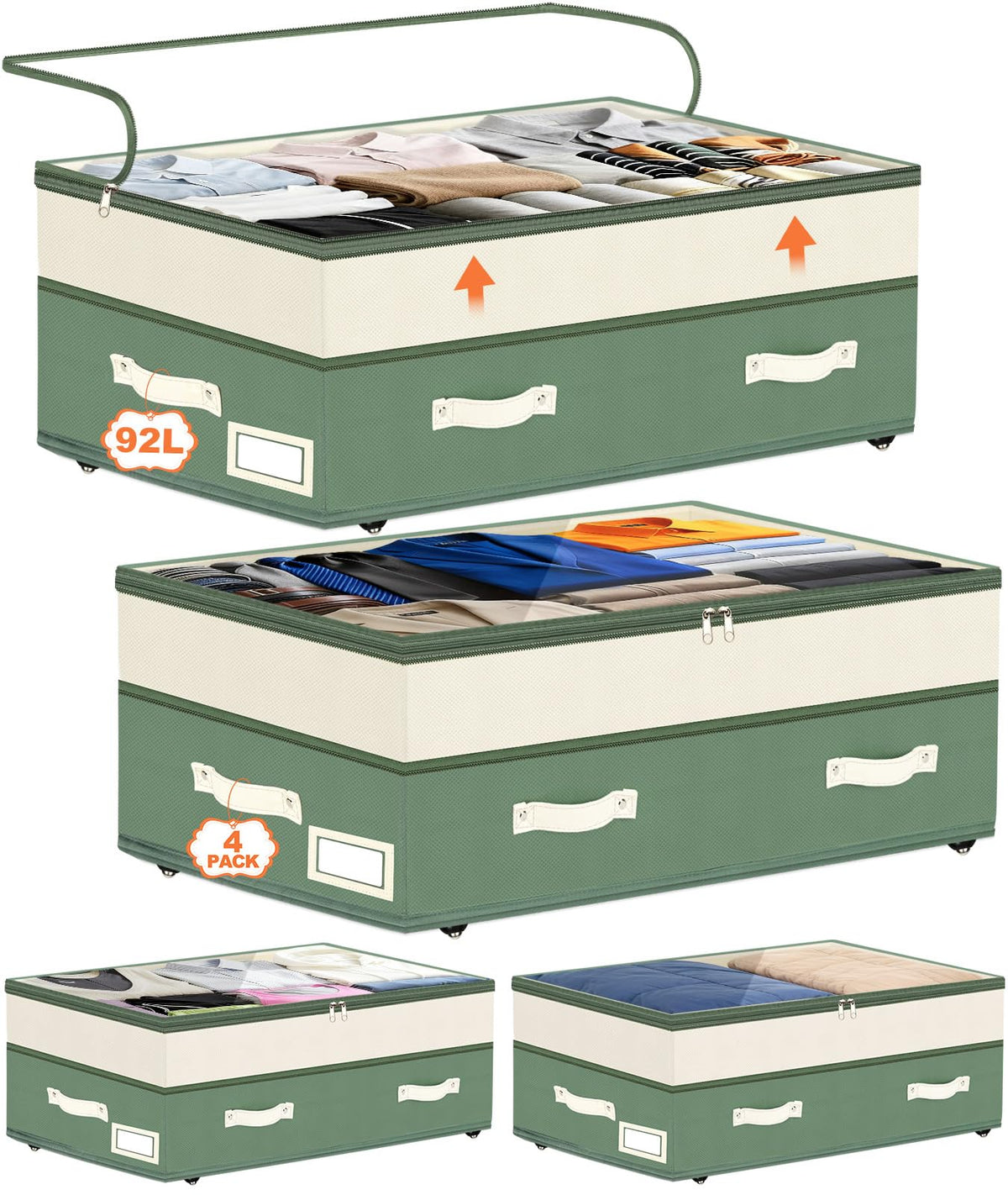 4 Pack Under Bed Storage with Wheels, 6in-10in Height - Image 1