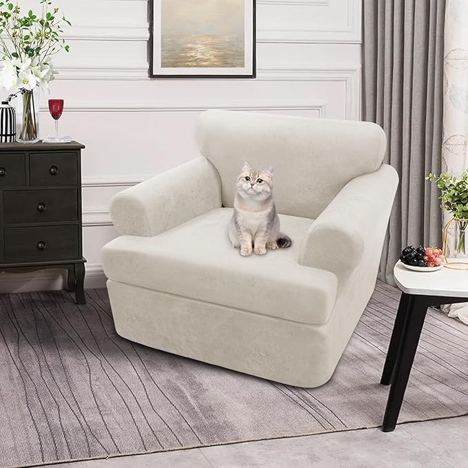 2-Pieces T Cushion Armchair Slipcovers Leather Look Couch Cover Chair Covers Stretch Furniture Protector Sofa Cover with 1 Individual T Cushion Seat Cover Slipcover Sets Washable, Beige