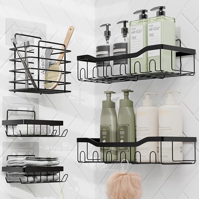 Clara Clark Bathroom Set - Grey Bathroom Accessories Set, 6PC Bathroom Accessory Set, Bathroom Sets with Adhesive Corner Shower Caddy Hanging, Toilet Brush, Trash Can & Soap Dispenser