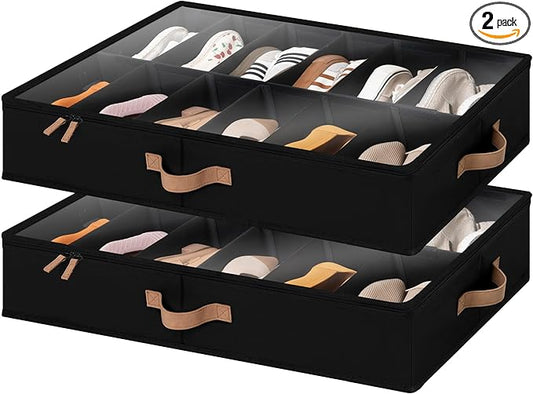 StorageWorks Shoe Organizer for Closet, Fits up to 24 Pairs, 2-Pack Ultra-thick Fabric Under Bed Shoe Storage Containers with Bottom Support and Adjustable Dividers, Black