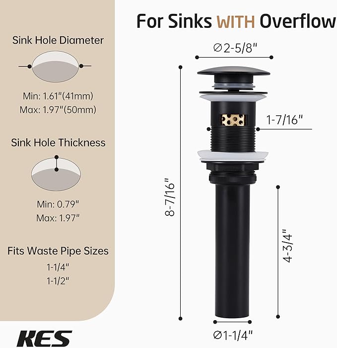 KES Bathroom Sink Drain with Overflow, All Metal Pop Up Drain for Bathroom Sink Stopper with Strainer Basket Hair Catcher Anti Clog Rustproof Matte Black, S2018A-BK