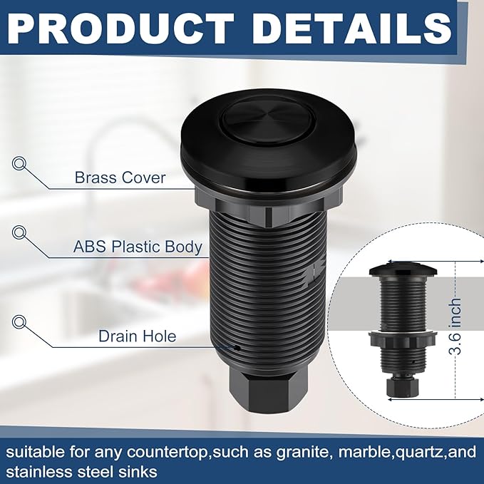 Garbage Disposal Air Switch Kit Wireless Sink Top Garbage Disposal Button Stainless Steel/On/Off Waterproof Button Kit with Long Switch Matte UL Listed(Dual Outlet,Black,Long Size)