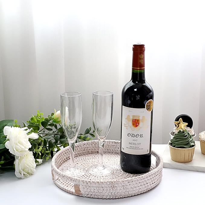 Hipiwe 10.4" Round Rattan Serving Tray with Handles - Handwoven Wicker Basket Storage Tray - Coffee Table Centerpiece - Home Decorative Basket - Whitewash