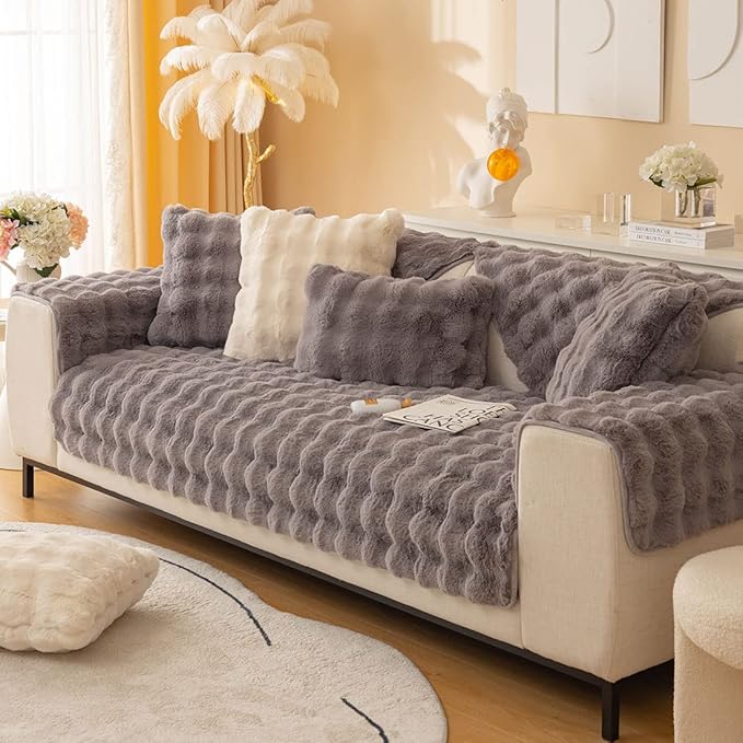 Soft Warm Faux Fur Couch Sofa Cover Thick Shaggy Fuzzy Sectional Couch Cover Non-Slip Solid Color Plush Sofa Slipcover Furniture Protector for Pets, Kids (Dark Grey,36"x82")
