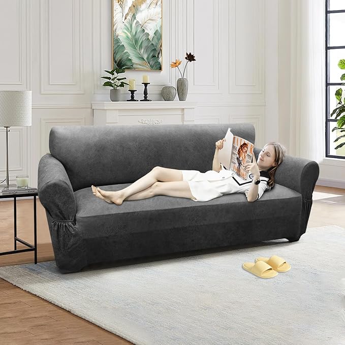 Loveseat Sofa Slipcover Leather Look Couch Covers for 2 Seater Couch Sofa 1-Piece Sofa Cover Stretch Furniture Protector with Elastic Bottom & Pockets(Loveseat, Grey)