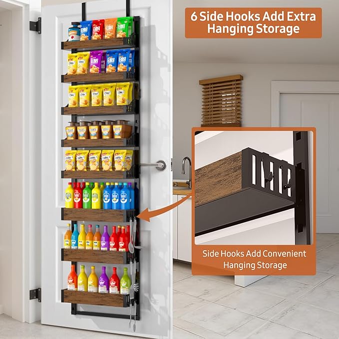 Over the Door Pantry Organizer: Storage and Pantry Organization with Hanging Basket - 8-Tier Metal Spice Rack Adjustable Shelves for Kitchen Laundry Room Bedroom & Bathroom Black