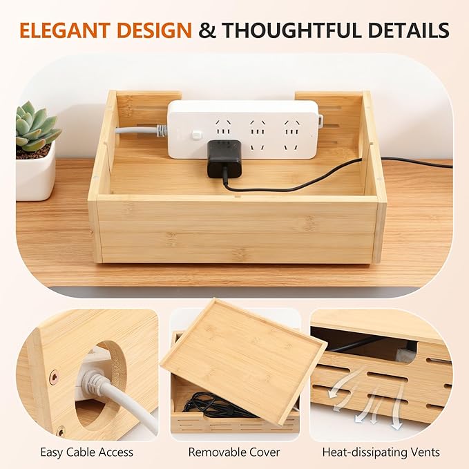 Cable Management Box – Large Extension Cable Organizer Box for Power Strips Floor Outlet Hider Durable Bamboo Cord Hider for Home Office Under Desk & Floor TV Wires Computer Router USB Hub Cables