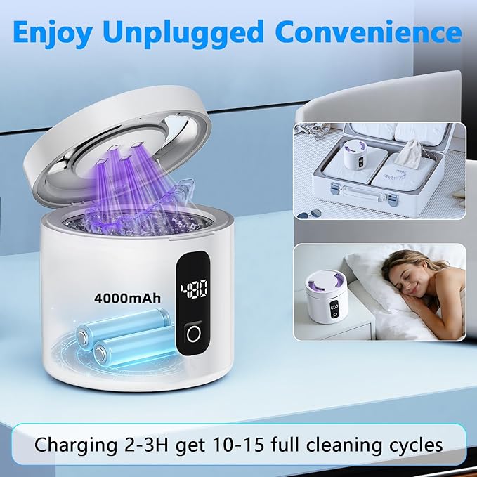 Ultrasonic Retainer Cleaner Machine, Rechargeable Denture Cleaner 4000mAh Battery | 48kHz Ultrasonic Dental Cleaning Pod for Night Guard, Invisalign, Braces, Denture, Toothbrush and Jewelry - White