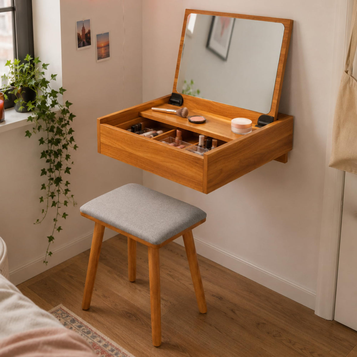 Sleekform Small Vanity Desk with Mirror & Chair, 18 x 20 Inch - Image 1