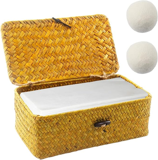 Klmnop Dryer Sheet Holder, Rustic Woven Dryer Sheet Container with 2 Pack Wool Dryer Balls, Fabric Softener Dispenser for Laundry Room(Orange)