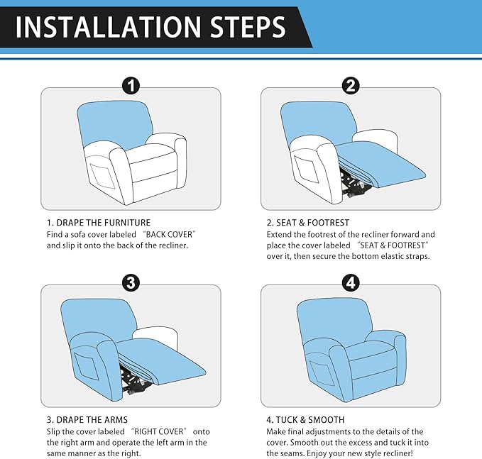 Chair Covers 4-Pieces Recliner Chair Covers 1 Seater Cover for Recliner Chair Leather Look Recliner Slipcovers with Pockets Spandex Fabric Furniture Covers(XL Recliner, Navy)