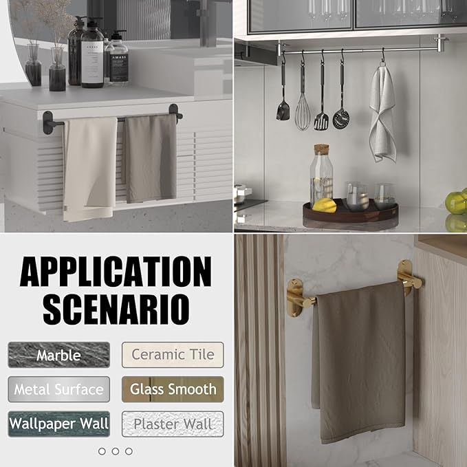 Towel Bar, Adjustable 14.4inch - 25.2inch Towel Rack, Self Adhesive & Wall Mounted for Bathroom Kitchen Hand Towel Holder Cloths Hanger SUS 304 Stainless Steel Organizer Single Bar (4, Brushed Nickel)