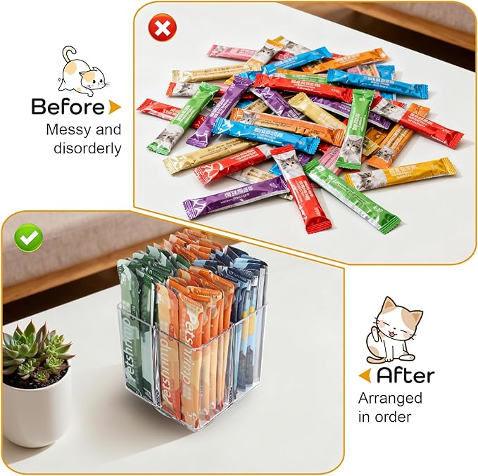 Lickable Cat Treats Organizer, Lazy susan Acrylic Squeeze Up Cat Food Storage Container, Essential storage for pet treats, Wet Cat Treats Storage for Kitchen Cabinet Pantry Shelf Countertop（Square）