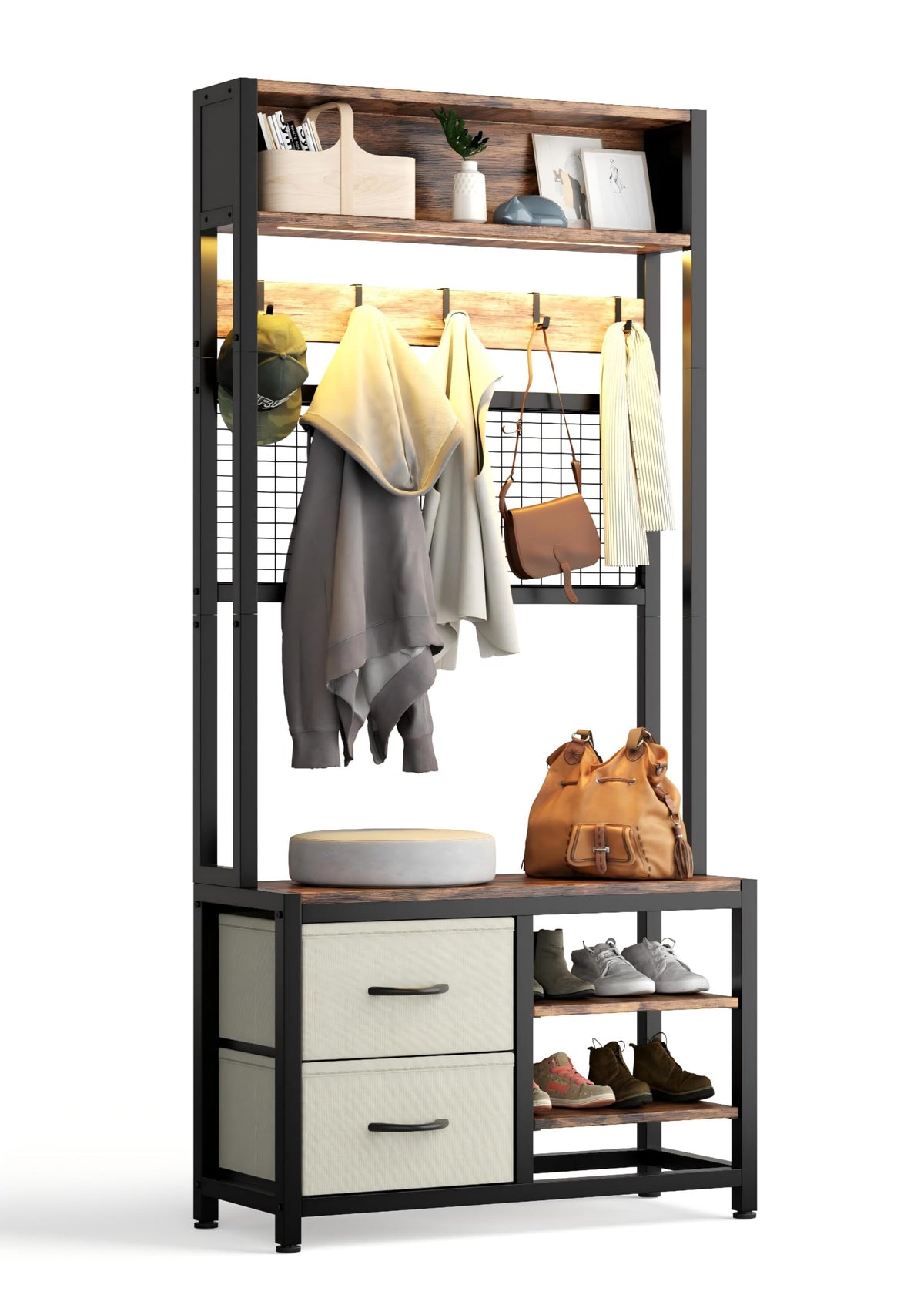 Hall Tree with Motion Sensor LED Light, Bench and Shoe - Image 1
