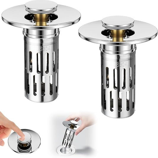 3 in 1 Sink Drain Strainer with Hair Catcher,8PCS Stainless Steel Popup Sink Stopper with Basket for Bathroom Kitchen Shower,Pop-up Bounce Core Floor Basin Drain Filter,Replacement Sink Plug