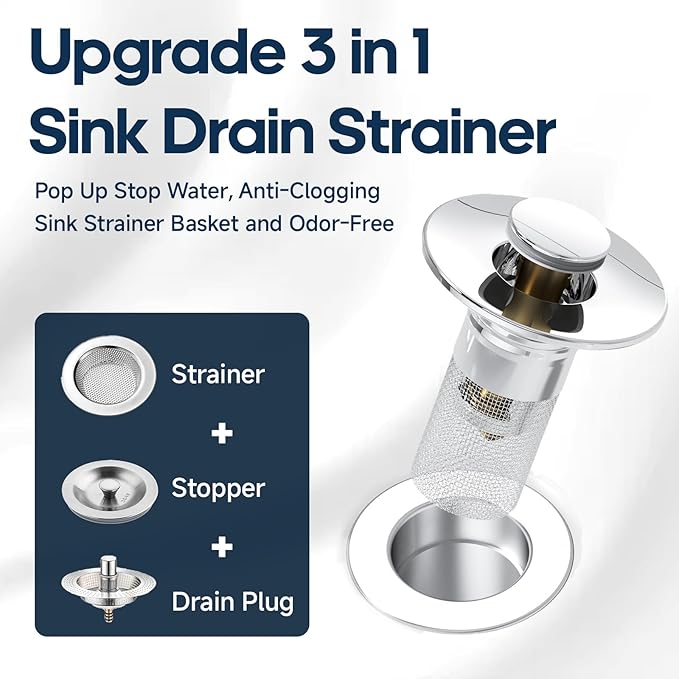 Pop Up Sink Drain Strainer, Bathroom Sink Drain Stopper with Removable Stainless Steel Drain Hair Catcher Basket, Universal Bathroom Sink Stopper Replacement, Drain Plug Filter (2PCS)