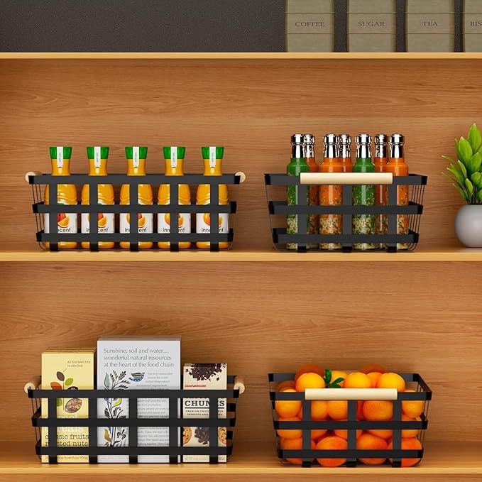 Large Metal Farmhouse Baskets,4 Packs Pantry Storage Baskets,Matte Black Food Organizer Storage Bin Basket with Wood Handles for Kitchen Cabinets Shelf Pantry