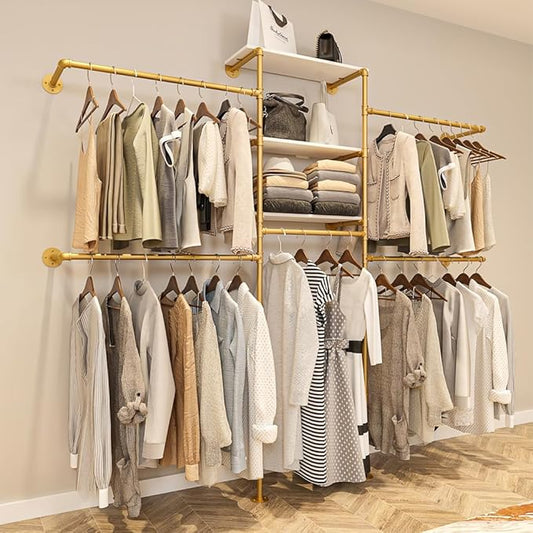 Heavy Duty Gold Pipe Clothing Rack - Wall Mounted Industrial Clothes Rack, DIY Corner Closet System with Shelves, Adjustable Walk-in Closet Organizer (GOLD, 94.5")