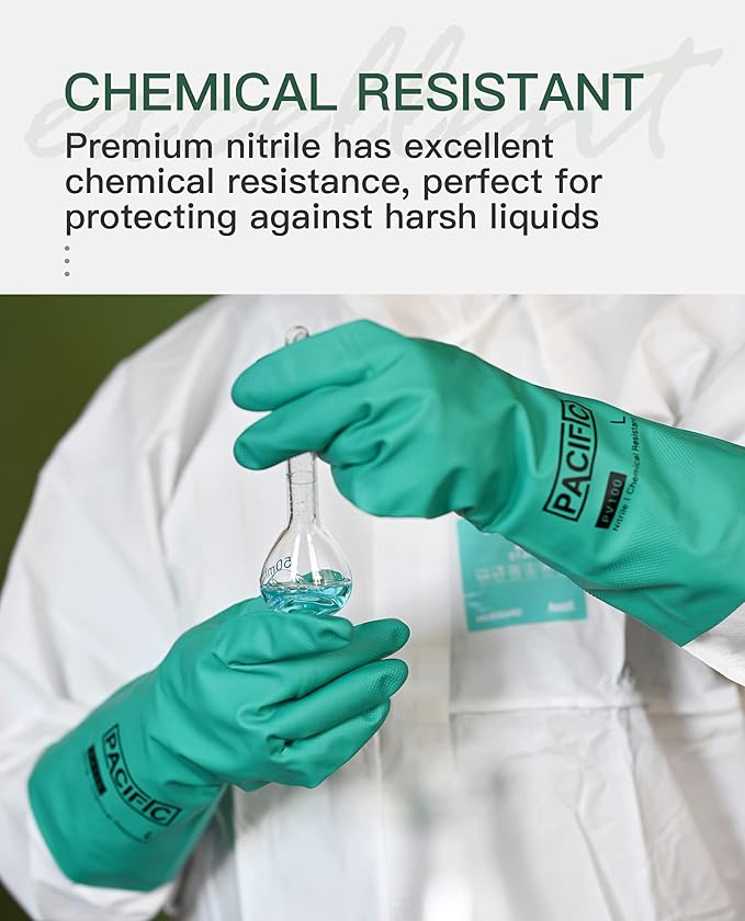 PACIFIC PPE 2 Pairs Nitrile Chemical Resistant Gloves, Flocked, Resist Household Acid, Alkali, Latex Rubber Free, 15 mil, 12.6", Large