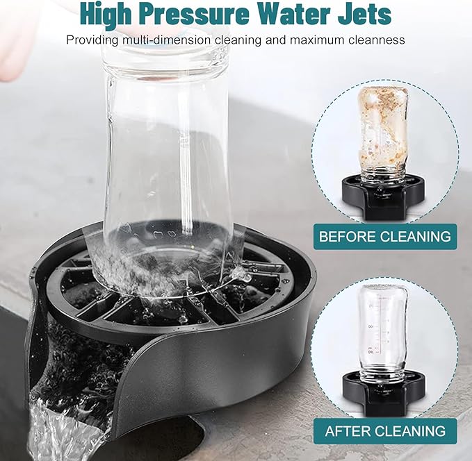 Glass Rinser for Kitchen Sink, High Pressure 360 Degree Rotating Spout Glass Rinser with Pull-out Spray Gun Design, Glass Cup Cleaner Sink Attachment Washer Baby Bottle, Glass Cup, Wine Glass (Black)