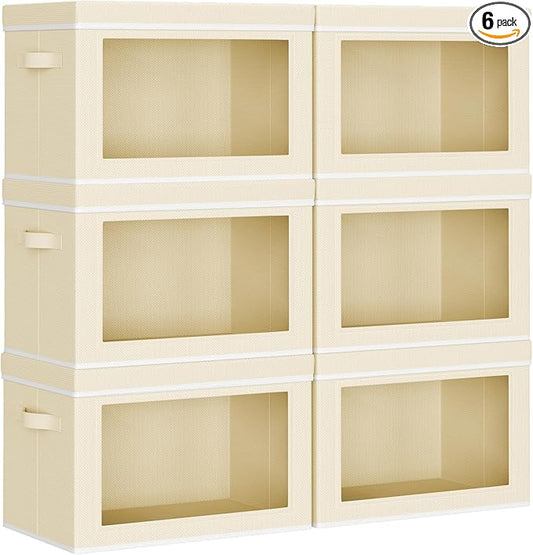 Collapsible Storage Bins with Lids - Stackable Storage Containers with Window, 6 Pack Fabric Organizing Bins for Closet, Home & Office Organization Baskets, Beige, 14.9" x 9.8" x 9.8"