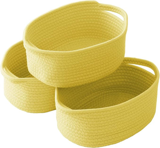 Woven Basket,Small Rope Storage Bin with Handles & Ribbon Bag, Organizer for Shelves Closets,Gift Basket Empty for Birthday,Books,Dog Toys, Yellow/3 Pack