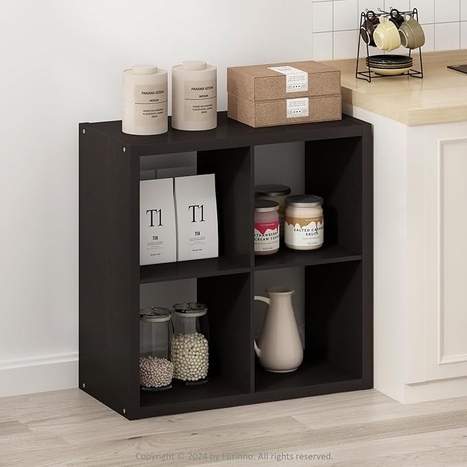 Furinno Hermite 4-Cube Open Shelves Kitchen Storage, Kitchen Island, Bakers Rack, Buffet Sideboard, Black Dark Oak