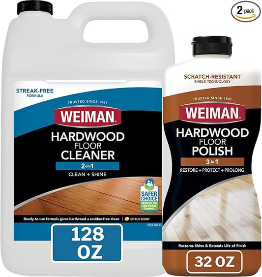 Weiman Hardwood Floor Cleaner and Polish - Cleans Vinyl Tile, Solid, Laminate, Natural Shine, No Residue, Removes Scratches, Leaves Protective Layer, 1 Gallon Mop Soap & 32 Oz Restorer