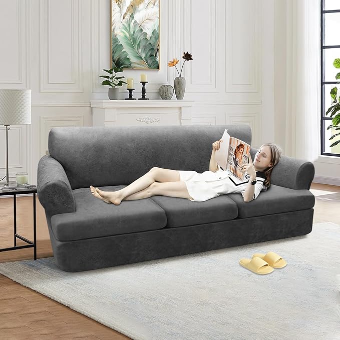 4-Piece T Couch Cover - Leather Look Slipcovers for 3 Cushion Sofa, Washable, Grey