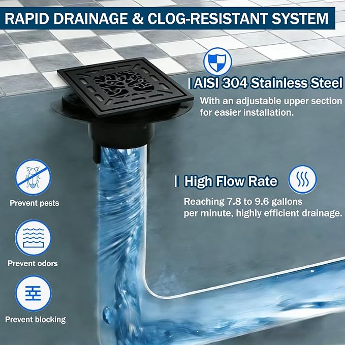 4 Inch Shower Drain, Square Shower Floor Drain Kit with Flange and Removable Cover Grate, AISI 304 Stainless Steel, Matte Black