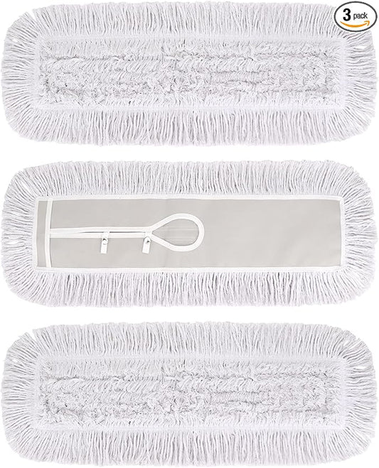 24 Inch Dust Mop Head: Replacement Medium Washable Commercial Mop Head Sweeper and Janitorial Replacement with Botton (White - 24 Inch, 3 Pack, Botton)