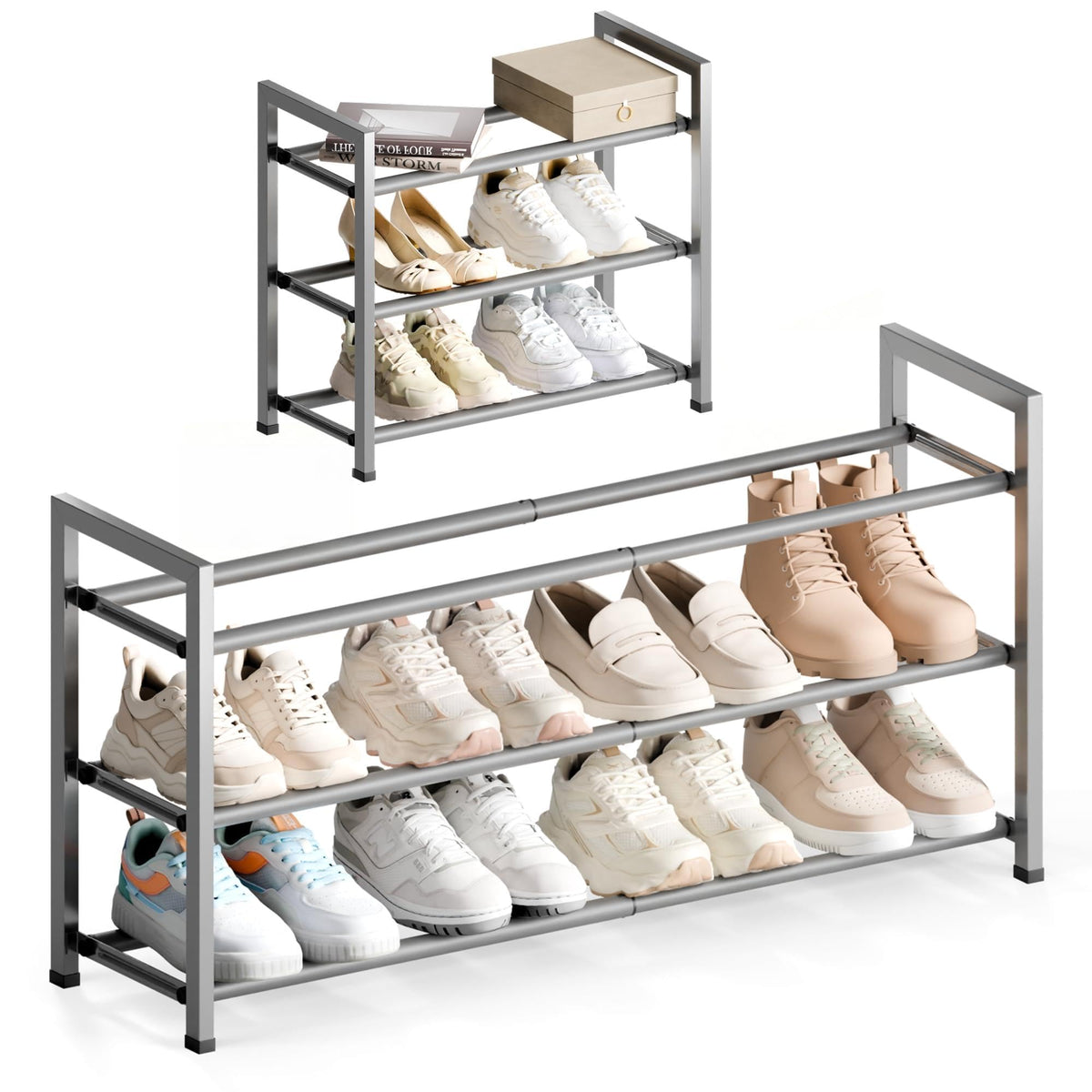 Bumusty 3 Tier Expandable Shoe Rack for Closet, Light Grey - Image 1