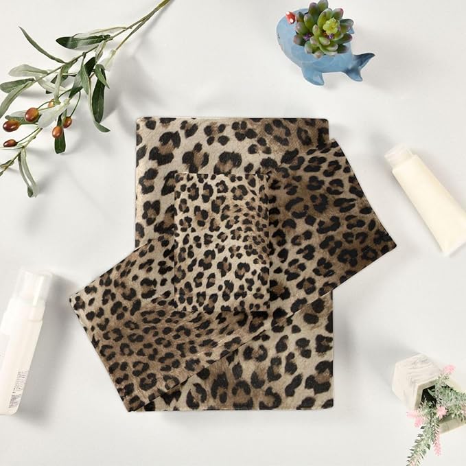 3 Piece Brown Leopard Bath Towel Set,Microfiber Decorative Black Cheetah Wild Savannah Animal Skin Print Bathroom Towels,1 Bath Towel 1 Hand Towel for Bathroom Kitchen,1 Washcloth for Face