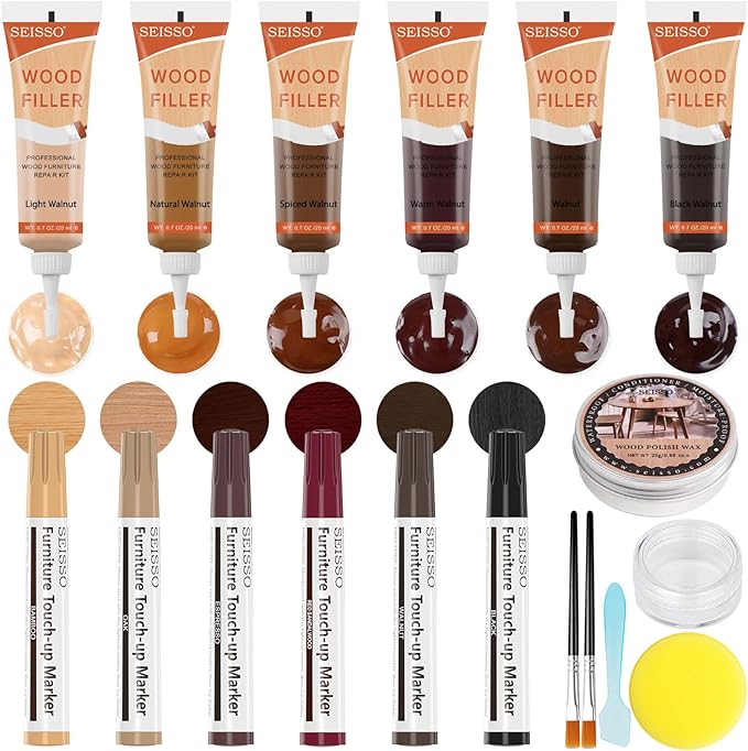 Wood Furniture Repair Kit, 6 Colors Wood Filler, Hardwood Laminate Vinyl Floor Repair Kit with Wood Markers, Wood Polish Wax for Hole, Scratch, Crack, Stain (Walnut Wood 20Pcs)