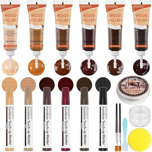 Wood Furniture Repair Kit, 6 Colors Wood Filler, Hardwood Laminate Vinyl Floor Repair Kit with Wood Markers, Wood Polish Wax for Hole, Scratch, Crack, Stain (Walnut Wood 20Pcs)