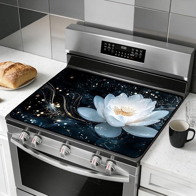 Glass Stove Top Covers for Electric Stove, Heat Resistant Counter Protector Mat, Non Slip Waterproof Surface Cover for Kitchen Counter and Cooktop (Night Lotus, 28"L x 20"W)