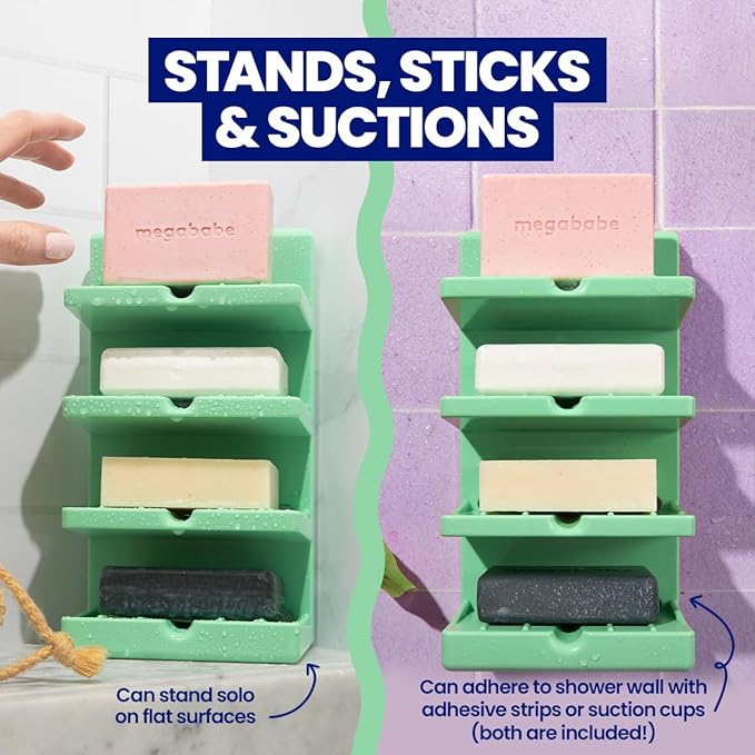 Megababe 4-Tier Bar Soap Tower | Stocking Stuffer Holds 4 Bars | Suctions or Sticks | Self-Draining