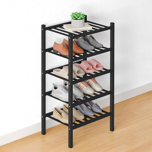 Smiry Bamboo Shoe Rack for Closet, 5 Tier Small Wooden Stackable Shoe Organizer, Free Standing Shoes Storage Shelf for Entryway, Front Door Entrance, Black