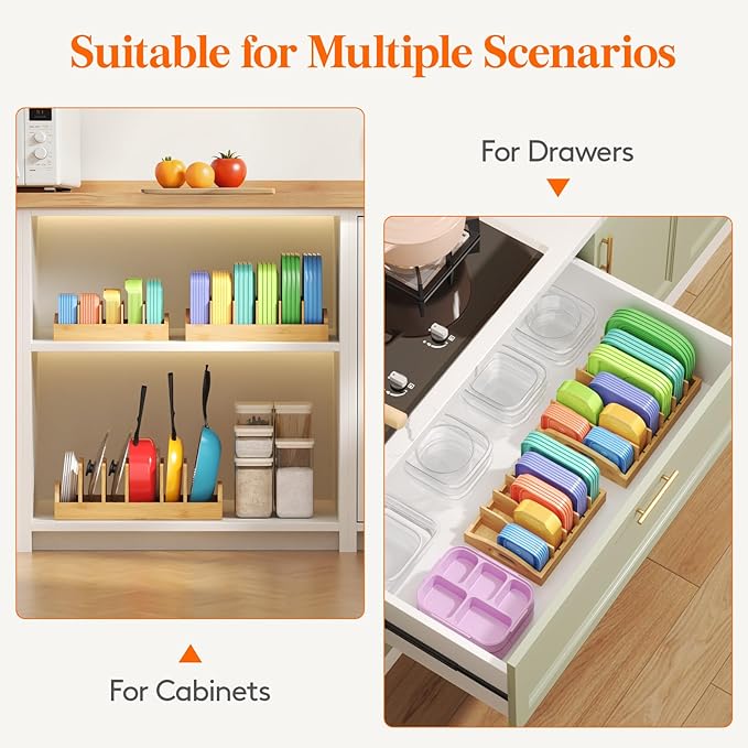 Lifewit Bamboo Lid Organizers for Inside Cabinet, Food Storage Container Lid Holder with 5 adjustable Inserts & 6 Compartments, Lid Storage for Kitchen Pantry Organization, 13.2" x 10"/34 x 25cm