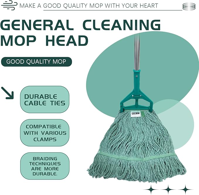 Commercial Cotton Mop Heavy-Duty Industrial with 2 Replacement Heads 152 cm Handle Replacement mop Head (Green)