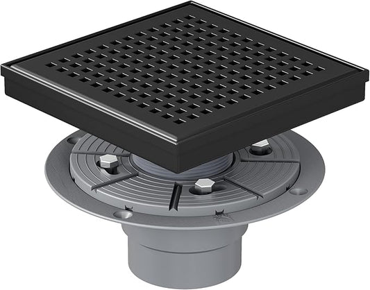 Neodrain 6 Inch Square Shower Drain, 304 Stainless Steel Bathroom Drainage with Removable Quadrato Pattern Grate, PVC Shower Drain Base, Hair Strainer for Bathroom Floor Drains, Matte Black