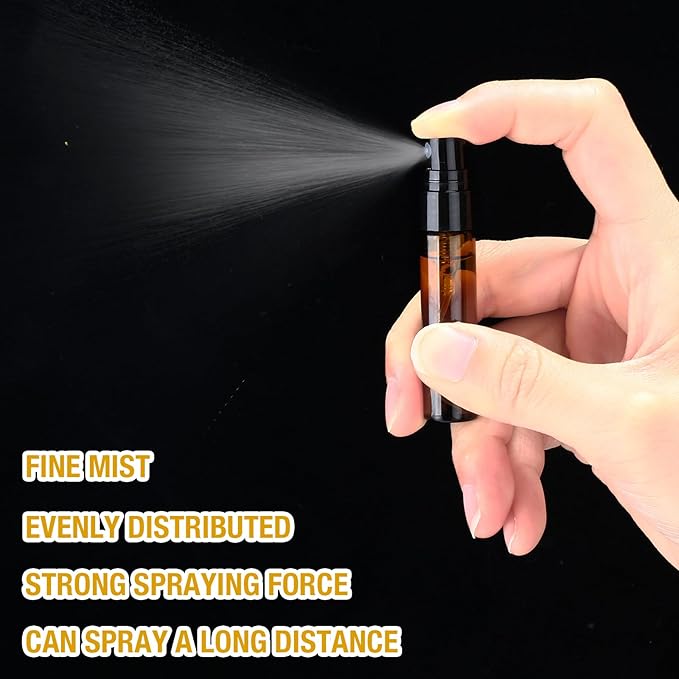 Tanlade 300 Pcs 5ml Mini Spray Bottles Refillable Brown Glass Travel Perfume Atomizer Mouthwash Bottle Cologne Small Sample Containers for Essential Oils, Retailers