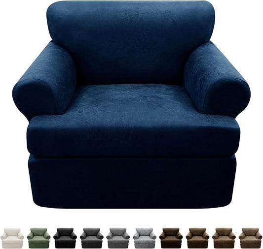 2-Pieces T Cushion Armchair Slipcovers Leather Look Couch Cover Chair Covers Stretch Furniture Protector Sofa Cover with 1 Individual T Cushion Seat Cover Slipcover Sets Washable, Navy