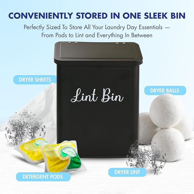 Magnetic Lint Bin for Laundry Room – Metal Lint Holder with Lid – Wall Mount & Magnetic Laundry Lint Bin Trash Can – Modern Farmhouse Style for Laundry Room Organization and Storage