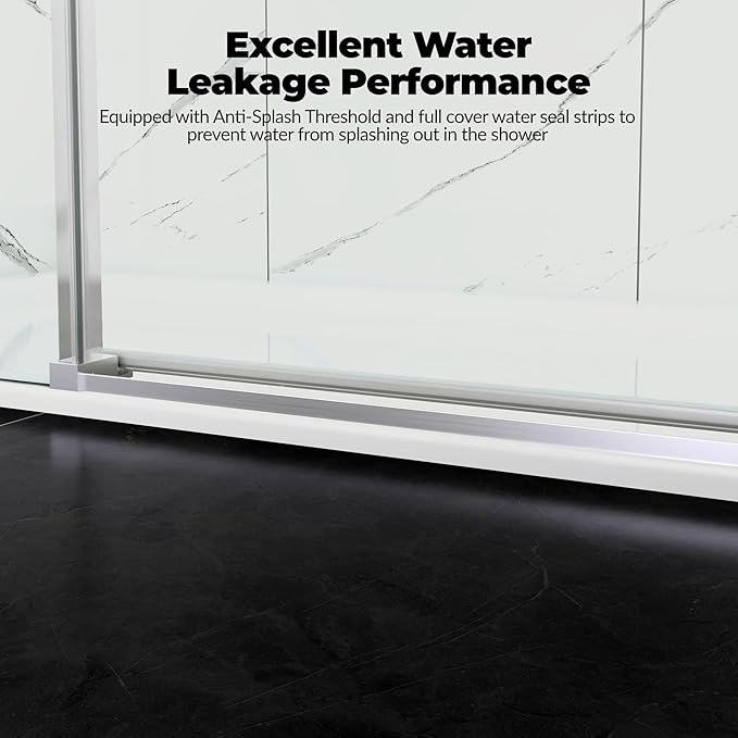 Glass Shower Door 56–60 Inch W x 76 Inch H, Frameless Sliding Shower Enclosure with Fixed Panel, 8mm Coated Tempered Safety Glass, Square Stainless Steel Rail, Brushed Nickel