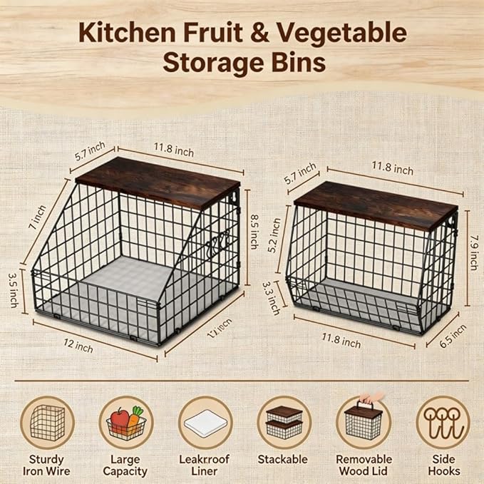 Wall Mounted Fruit Basket with Wood Lid, Hanging Kitchen Storage for Fruits, Vegetables, Potatoes, Onions | Heavy-Duty Carbon Steel & Solid Wood, Black, Space-Saving Countertop Organizer (L)