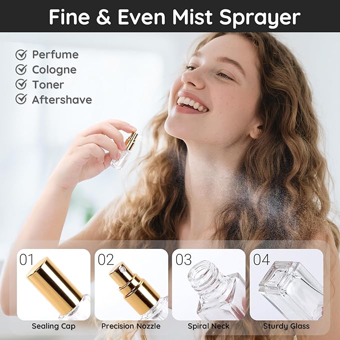 Segbeauty 80pcs 0.1oz Perfume Atomizer Glass Sprayer, Small Perfume Travel Refillable Cologne Spray Bottle, 3ml Bulk Mini Spray Bottle with Refill Kit, Fine Mist Empty Travel Atomizer for Liquids