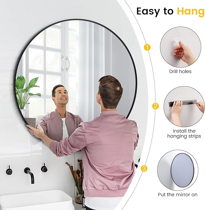 36 in Round Mirror for Wall, Black Metal Frame Circle Mirror, Round Bathroom Mirror for Wall Decor, Mirror for Entryway, Vanity, Bedroom, Easy to Install