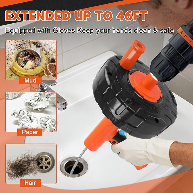 45 FT Drain Snake Tools, Manual Or Powered Double Mode Auto Retract Drain Drain Auger with Drill Attachment, plumbing snake for Sink、 Drain Unblocking、Toilet、Shower、Kitchen、Sink