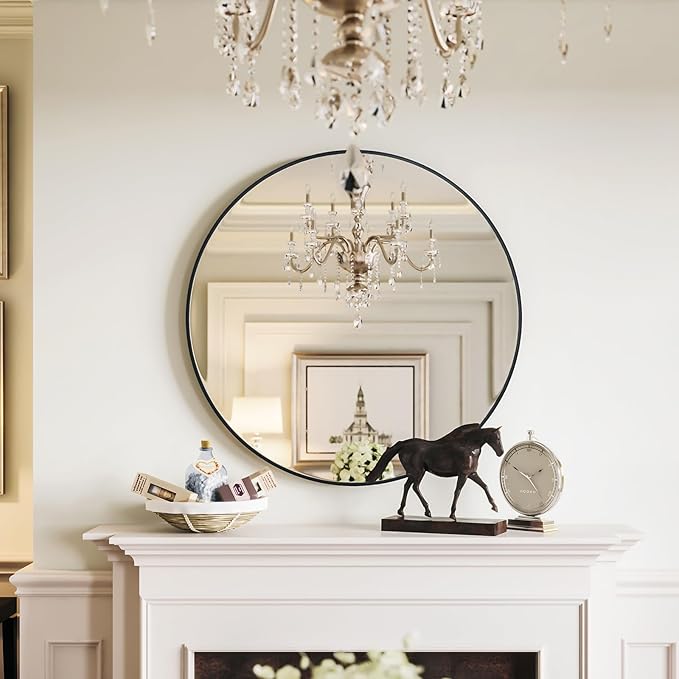 Growsun 30 inch Wall Round Mirror, Large Wall Mounted Circle Mirror Black Metal Frame for Bathroom, Entry, Dining Room, & Living Room